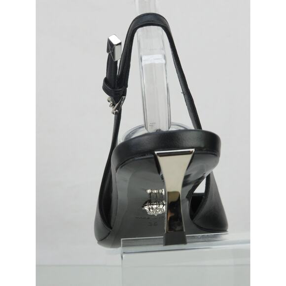 NIB VERSACE BLACK LEATHER SILVER MEDUSA LOGO SANDALS KITTEN HEEL PUMPS 41 US 11 - Picture 6 of 12